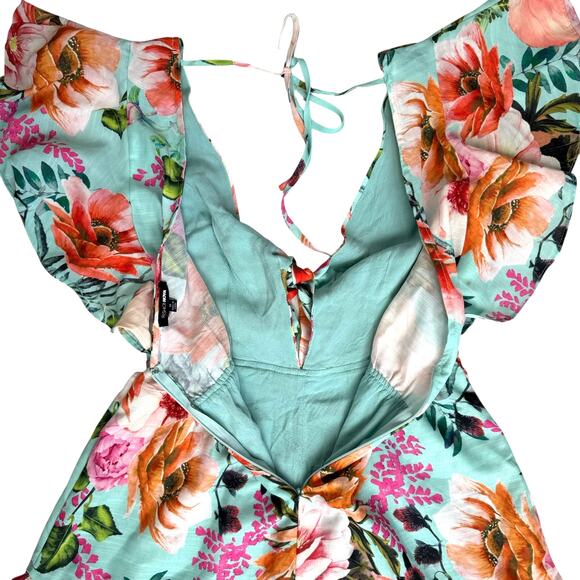 Tropical Floral Print Plunge Neck Romper Medium Flutter Ruffle Summer Resortwear - Picture 13 of 16